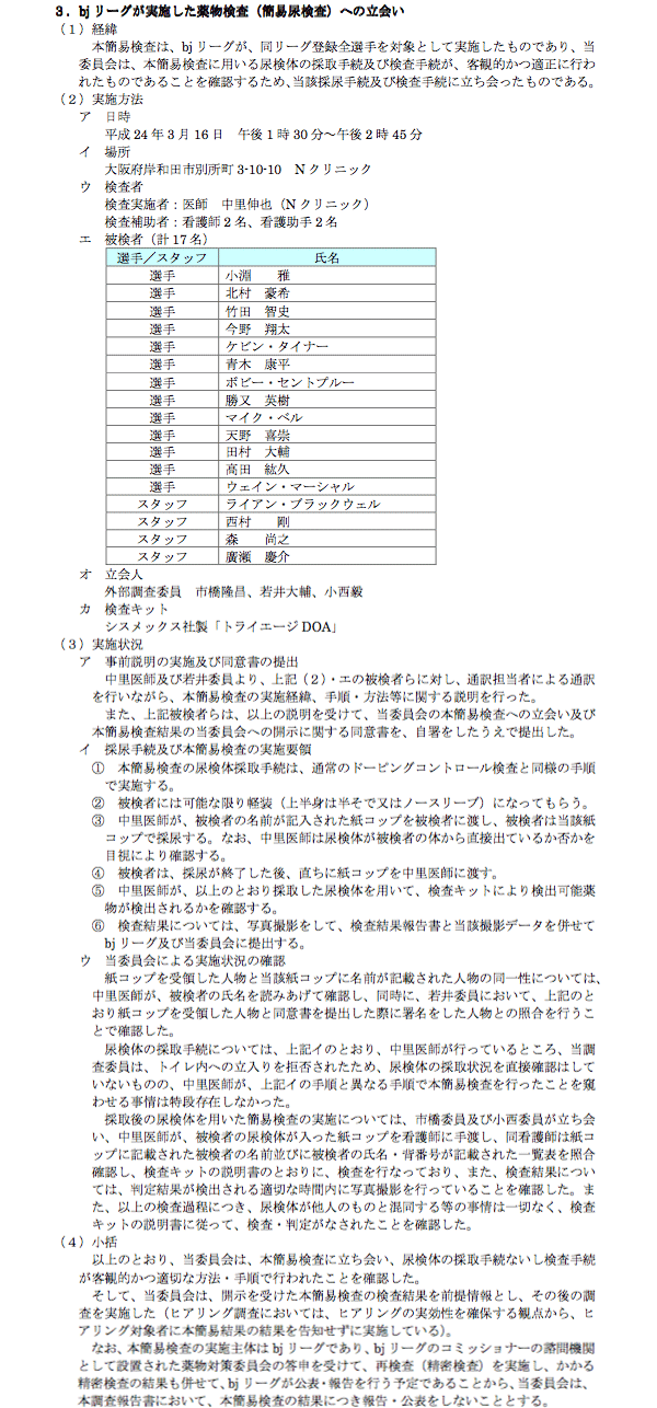 3.bj リーグが実施した薬物検査(簡易尿検査)への立会い